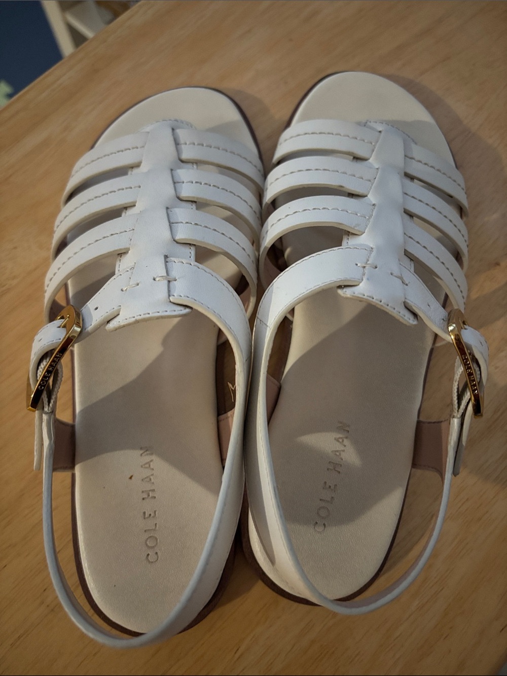 Cole Haan White Multi-Strap Leather Slingback Sandals with Gold Buckles